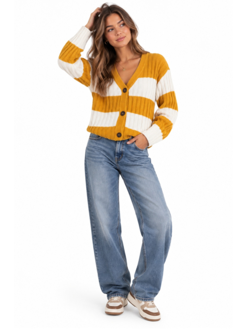 SO Mustard Yellow & White Striped Cropped Cardigan Sweater Y2K Size L NWOT
